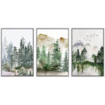 Woodland Forest Landscape Green Forest Nature Landscape Modern Living Room Decor Framed Canvas 3 Piece Set Print Wall Art - Image 6