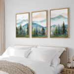 Woodland Forest Landscape Watercolor Pastel Mountain Range Pine Tree Forest Landscape Framed On Canvas 3 Piece Print Wall Art - Image 4