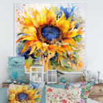 Yellow Blue Golden Cheerful Sunflowers - Floral Wall Art