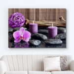Zen Stones Bright Purple Orchid Calming Candles Bathroom & Laundry Décor On Canvas Print Wall Art