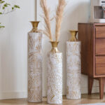 Handmade Ornate Metal Floor Vase, Gold Relief Medallion, Large Tall Flower Vase(Set Of 3) - Image 8