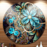 Colorful Fractal Flowers with Blue Shade Round Art Print on Metal - Image 6